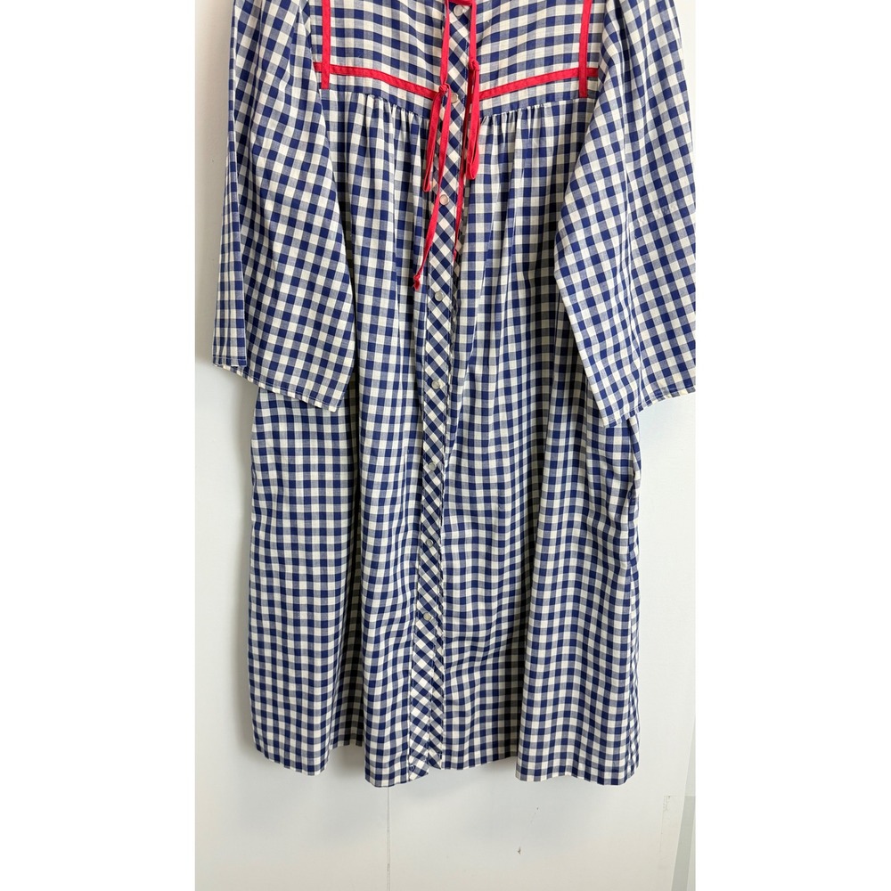 Vintage At Home Wear M/L Gingham House Dress Blue White Red Button Front Robe - Picture 5 of 9